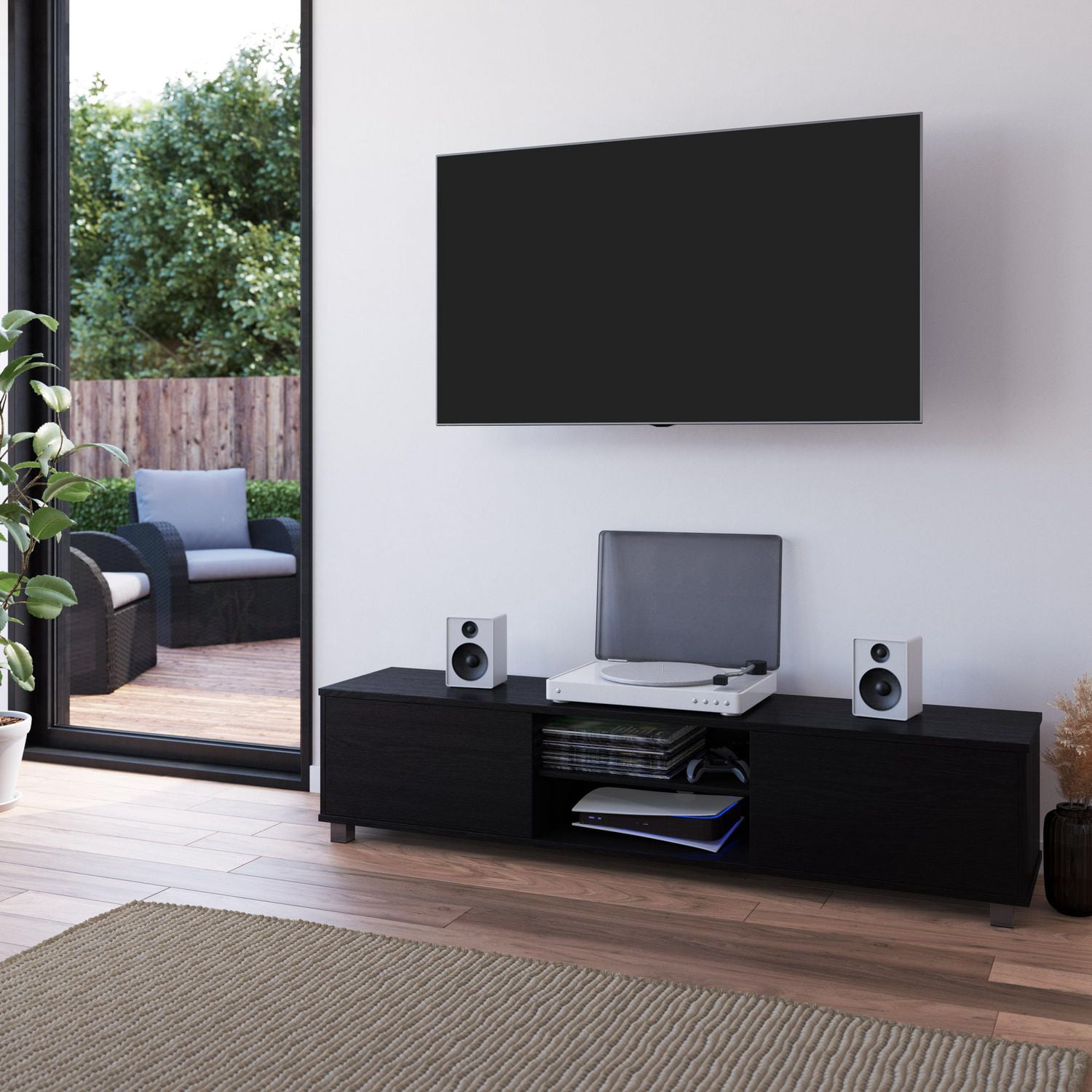 Meuble TV CorLiving Hollywood en bois d'ingénierie moderne avec armoires pour la plupart des téléviseurs jusqu'à 85 pouces