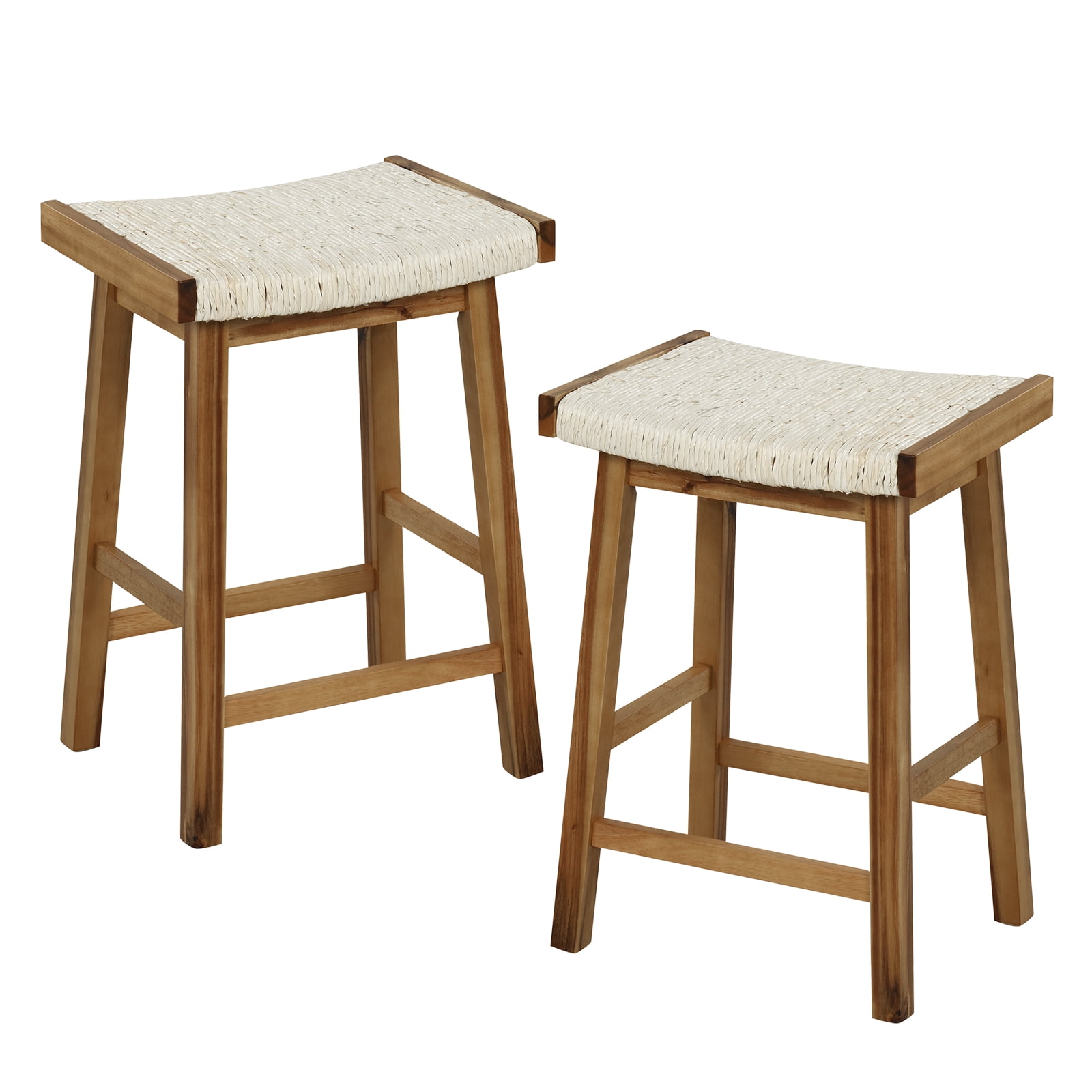 Patiojoy Bar Stools Set of 2 25.5" Counter Height Bar Stools with Seagrass Woven Seat Solid Wood Frame & Comfortable Footrests