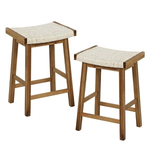 Patiojoy Bar Stools Set of 2 25.5" Counter Height Bar Stools with Seagrass Woven Seat Solid Wood Frame & Comfortable Footrests