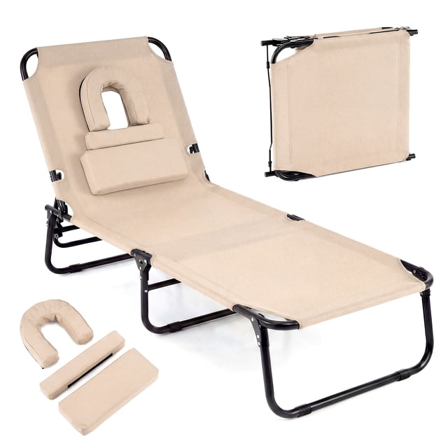 Gymax Chaise Longue Pliante Lit Réglable Plage Patio Camping Fauteuil Inclinable