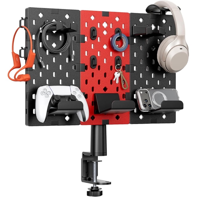 Modular Headphone and Controller Holder for Game, Clamp-on Pegboard, Rotatable Controller Stand with Cable Hooks, Gaming Accessory for Xbox PS5 PS4 Nintendo Switch, 3Pcs Pegboard, Red