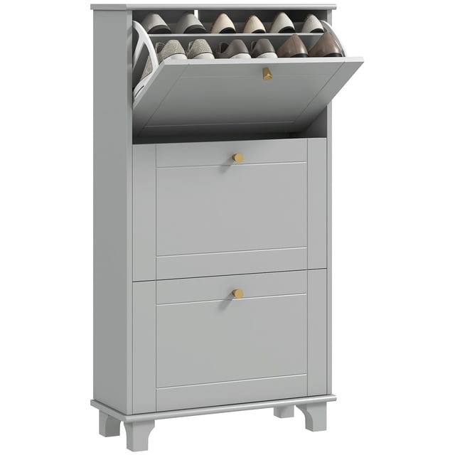 HOMCOM Armoire à Chaussures Moderne avec 3 Tiroirs Basculants pour 12 Paires de Chaussures en Fini Gris. Idéale pour les Meubles d'Entrée, Elle Offre un Rangement à Chaussures Dissimulé avec Trois Tiroirs Basculants, Poignées Dorées, Tablettes Ajustables et un design compact pour les Espaces Étroits. Fabriquée en MDF et Panneau de Particules, avec Stabilité Anti-Basculement pour la Sécurité.