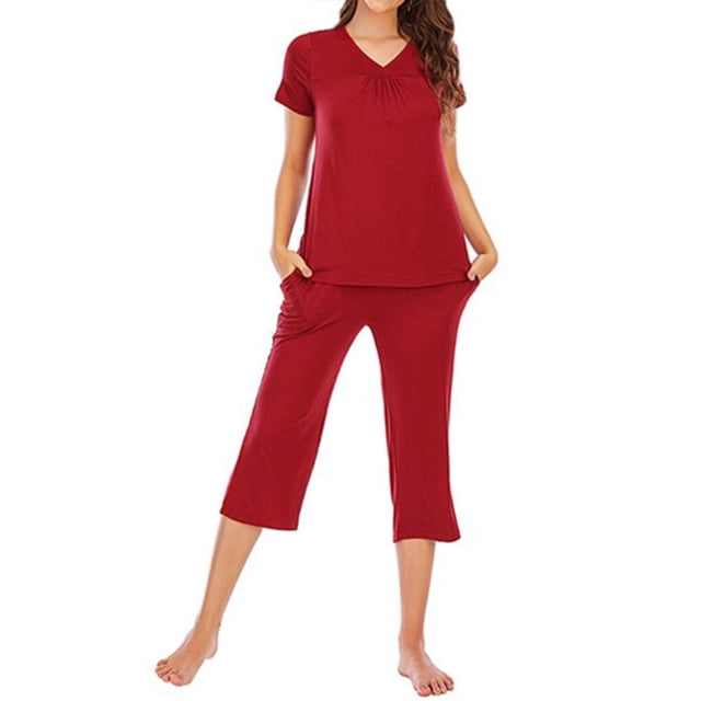 Maoww Ensemble de Sommeil pour Femmes, Haut à Col en V, Ensemble de Pyjama Décontracté, Pantalon, Pyjama en Modal, Tenue de Nuit, Rouge, M