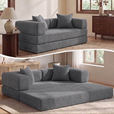 Hcore Canapé-Lit Causeuse Convertible 65 Pouces, Canapé de Sol Pliant en Velours Côtelé, Futon Sans Armature pour Salon, Gris
