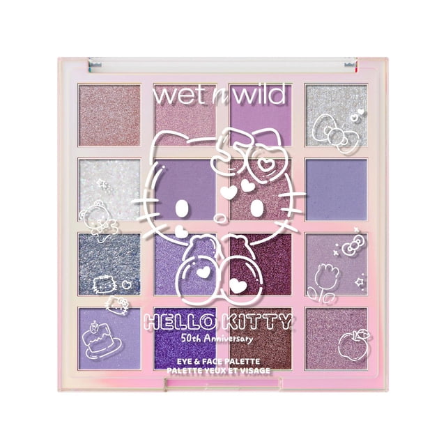 Hello Kitty Palette pour les Yeux et le Visage par wet n wild Comprenant 16 Teintes Rose et Violet Richement Pigmentées avec des Finis Mats, Scintillants, Satinés et Pailletés en un Carré compact avec Hello Kitty 50e Anniversaire art Linéaire Blanc sur le Couvercle transparent, Convient au Maquillage des Yeux et du Visage.