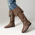thumbnail image 2 of Knee High Motorcycle Riding Boots for Women Vintage Buckle Low Heel Mid Calf Combat Work Tall Boots, 2 of 6