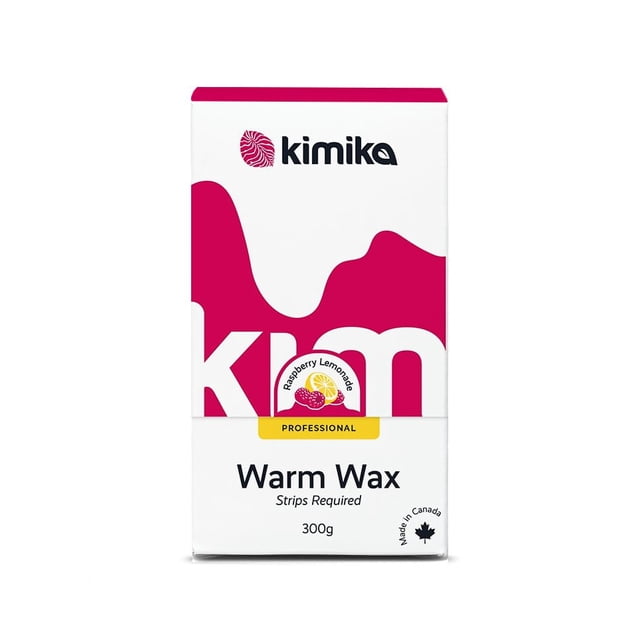 KIMIKA BEAUTY PRO Raspberry Lemonade Warm Wax 300g box with white and raspberry pink design, labeled professional warm wax requiring strips, made in Canada with a maple leaf symbol.