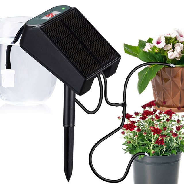 Solar Auto Irrigation System 1.2W Output Solar Powered Drip Irrigation Kit with 2200mAh Battery 1-600s Timer Anti-Siphon Indoor Automatic Self Watering Device for to 9 Potted Plants in Gre