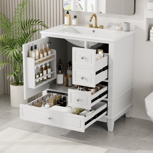 30 inch White bathroom vanity with Drop-In Ceramic Sink Freestanding Bathroom organized storage 1 soft-close door (2 shelves), 3 drawers (2 side + 1 large bottom
