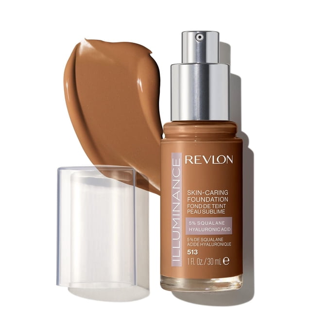 Revlon Illuminance Skin-Caring Liquid Foundation Makeup, Medium Coverage, 30mL bottle with pump dispenser in shade 513, shown with a medium brown foundation swatch and clear cap, formulated with 5% squalane and hyaluronic acid to hydrate skin and enhance radiance, ideal for buildable coverage on the go.