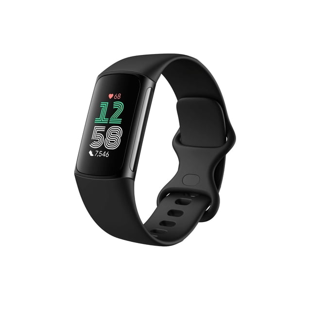 Google Fitbit Charge 6 Advanced Entraînement Physique et Santé Tracker en Noir avec un Écran Tactile Rectangulaire Courbé Affichant l'Heure, la Fréquence Cardiaque et le Nombre de Pas, Doté d'Un Bracelet en silicone flexible avec des Trous Ajustables, Affiché sous un angle 3/4 sur un Fond Blanc, Idéal pour Surveiller les Métriques Quotidiennes d'Entraînement Physique et de Santé.