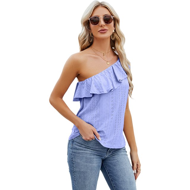 Zoeecloth Womens Tops Sleeveless Solid Color Round Neck Button Vest Tees Shirts Summer Casual Ruffled One Shoulder Vest Fashion Button Vest S-XXL
