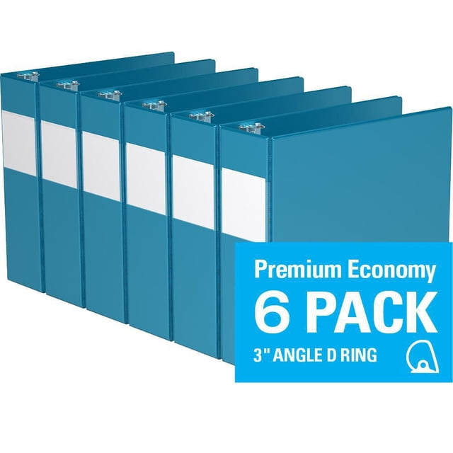 Davis Group, Premium Economy, D Ring, Binder, 6 Pack, 3" showing six blue binders with white full-width label holders on the spine and 3-inch D rings, suitable for organizing documents in office and school environments.
