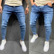 EGNMCR Jeans for Men, Men's Elastic Waist Loose Fit Denim Pants, Mens Pull On Jeans Men Striped Zipper Hole Vintage Wash Hip Hop Work Trousers Pants Men's denim pants