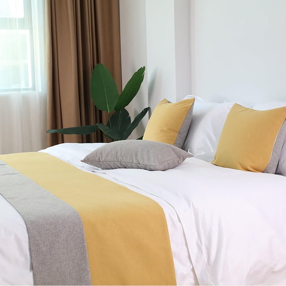 Bed Runners For Queen Size Bed, Modern Two-color Cotton Hemp Stitching Decorative Bed Throws For Foot Of Bed, Bedding End Scarf Protector Slipcover For Bedroom(Yellow 1,45*45cm(pillow case))