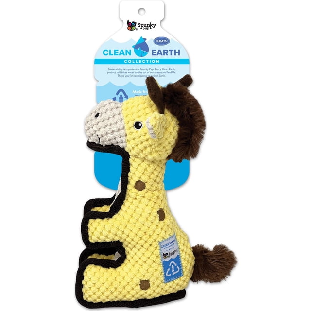 Clean Earth Plush - Textured Giraffe Dog Toy from Spunky Pup's Clean Earth Collection made from recycled PETE plastic bottles. The yellow textured plush giraffe features brown spots, a white snout, black trim, and a brown fuzzy mane and tail. This sustainable dog toy floats, includes a squeaker, and is ideal for eco-conscious pet play.