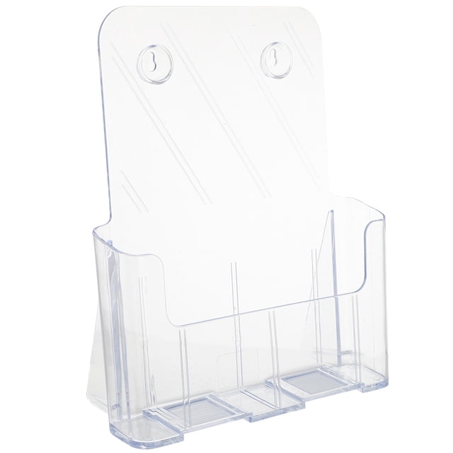 Milisten Hanging Magazine Organizer Wall Mounted File Holder made of durable transparent PS material. This office storage rack features a simple design with two mounting holes for easy wall installation and a spacious compartment for organizing magazines, mail, catalogs, reports, or folders. Ideal for office organization. Dimensions are 28.50x23.50x9.00cm.