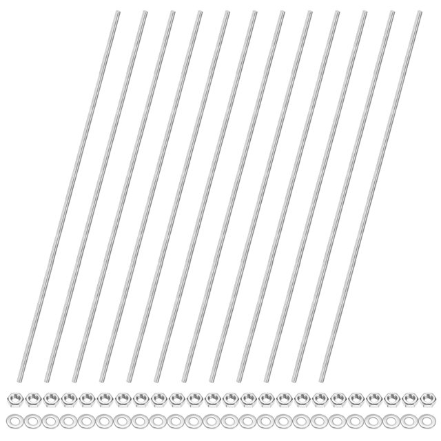 Uxcell Lot de 12 Tige Entièrement Filetée, M4x300mm 201 Acier Inoxydable Goujons de Barre de Filetage à Droite avec Écrous Hexagonaux et Rondelles