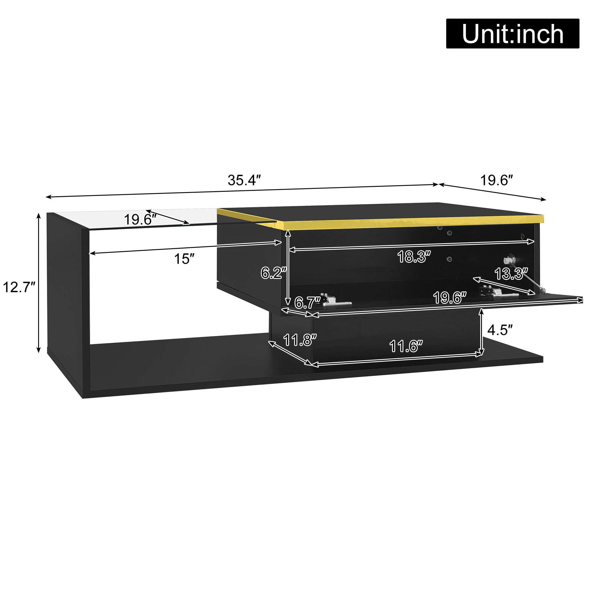 Noble House 39.4" High-Gloss Black Coffee Table, Tempered Glass with Dimmable LED, Storage Compartment & Open Shelves,Black