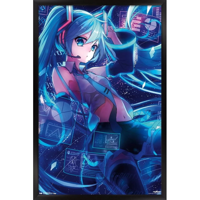 Hatsune Miku - Affiche Murale d'Écrans, 22,375 Pouces x 34 Pouces Représentant un Hatsune Miku de Style Anime Orienté vers l'Avant avec de Longues Queues Jumelles turquoise, Haut Sans Manches, Cravate et Manches de Bras, Entouré d'Écrans Numériques Bleus Translucides Flottants et de Graphiques de Données, Imprimé sur Papier Lustré pour une Décoration Murale Polyvalente dans les Chambres, Bureaux Ou Dortoirs.