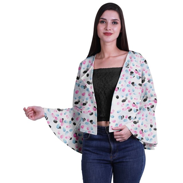 Moomaya Open Front Printed Full Bell Sleeve Short Summer Shrug Cardigan For Women