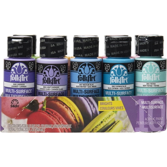 FolkArt Multi-Surface Satin Acrylic Paint 10 Color Set, 2 fl. oz. each, Brights