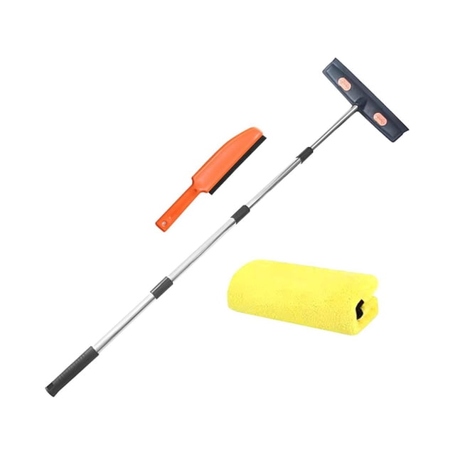 Pet Hair Remover Dog Hair Carpet Rake Durable Reusable Cleaning Tool Accessories with HandBrush Towel. The set includes a telescopic handle carpet rake with an adjustable length of up to 125cm, an orange hand brush, and a yellow cleaning towel. Made of high-quality PP material, this tool is ideal for removing pet hair from carpets, furniture, and bedding.