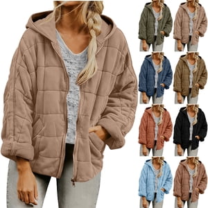 UPPADA Femmes Hiver Vestes de matelassée à capuche Zip up Short Warm matelassée Coats Veste matelassée Vêtements de dessus avec des poches, Vesta de puper femmes long Khaki,XL