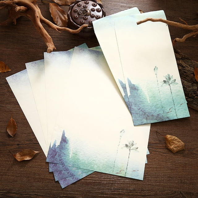Oriental Style Letter Writing Set 4 Artistic Papers + 2 Envelopes for Wedding Birthday Invitation Stationery