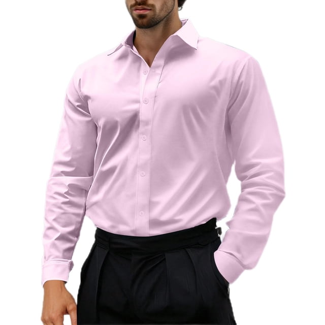 Admvng Compression Shirt Men Solid Wrinkle-Free Long Sleeve Regular Fit Button Down Shirt S-2XL