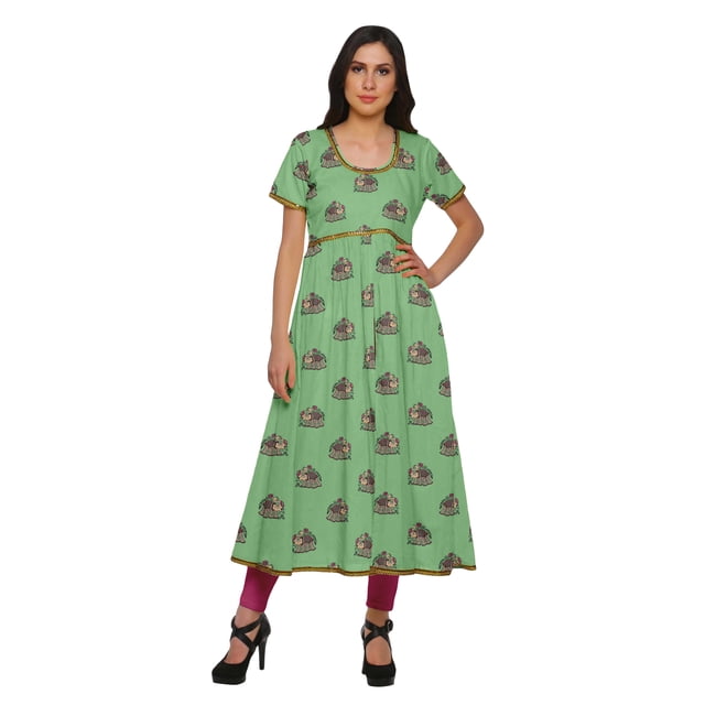 Moomaya Printed Front Slit Dresses For Women Short Sleeve Kurti Summer Wear