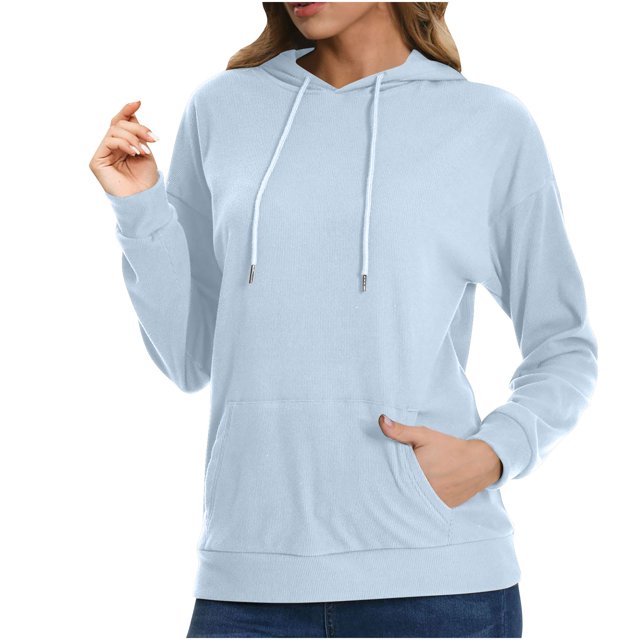 Swstbby Liquidation d'Automne! Hauts d'Automne pour Femmes Grande Taille, Chandail à Capuche à Manches Longues Col Rond Couleur Unie Bleu TG