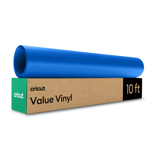 Cricut® Value Vinyl 12 in x 10 ft roll in blue with matte finish resting on its cardboard packaging labeled with Cricut branding, designed for DIY decals, labels, and craft vinyl projects.