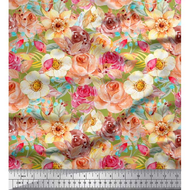 Voile de Coton Vert Pomme Anémone & Roses Décor Floral Tissu Imprimé Yard 42 Pouces de Large