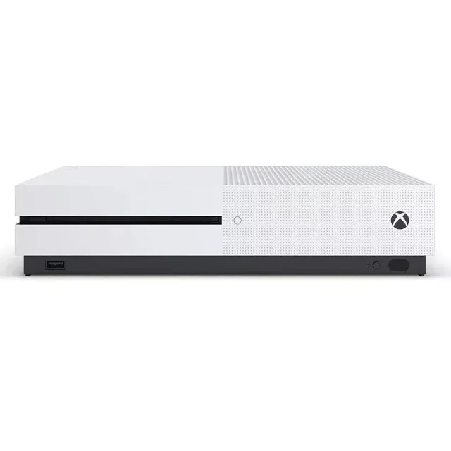 Microsoft Console Xbox One S 1 To Certifiée Remise à Neuf en Blanc, Montrée en Vue Frontale. Présente un design Épuré et compact avec un Panneau Supérieur Perforé et une base Noire. Inclut un Stockage de 1 To pour Jeux et Médias, Diffusion 4K Ultra HD, Prise en Charge HDR et un Lecteur Blu-ray Intégré. Certifiée Remise à Neuf par Microsoft. Aucune Manette Incluse.