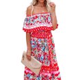 thumbnail image 1 of MAWCLOS Femmes Été Plage Robe Soleil Floral Imprimé Maxi Robes de l'Épaule Longue Robe en Vrac Vacances Manches Courtes Fleurs Rouges XXL, 1 of 4