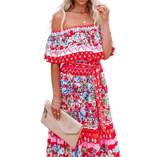 MAWCLOS Femmes Été Plage Robe Soleil Floral Imprimé Maxi Robes de l'Épaule Longue Robe en Vrac Vacances Manches Courtes Fleurs Rouges XXL