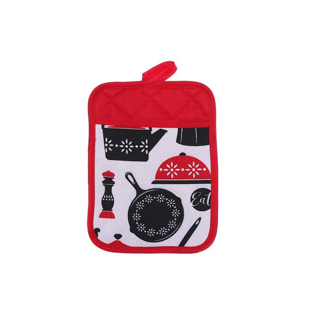IH Casa Decor Pot Holder With Pocket Kitchenware - Set of 6, a 9 by 6.75 inch cotton pot holder with red quilted border and hanging loop, decorated with black and red kitchenware motifs including frying pan, kettle, and pepper grinder on white background, ideal for heat protection and holding small utensils while cooking.