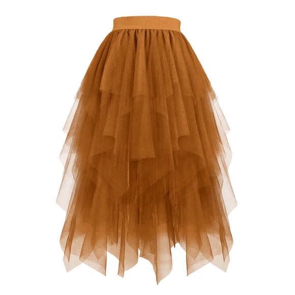 Hinvhai Women's Tulle Skirt Clearance formal High Low Asymmetrical Midi Length Elastic Waist Tutu Layered Puffy Fairy Skirts Yellow XL(XL)