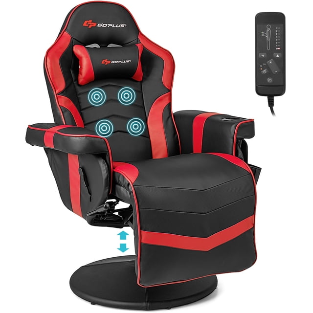 Goplus Fauteuil Inclinable de Massage pour Jeux, Hauteur Réglable, Chaise Pivotante de Course avec Porte-Gobelet, Rouge