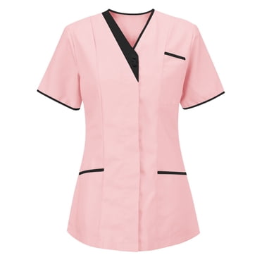 Dvprdro Uniforme de Travail pour Infirmières pour Femmes Tunique Blouse Clinique Soignante à Boutons Col en V Manches Courtes Vêtements de Protection Chemises Hauts avec Poches