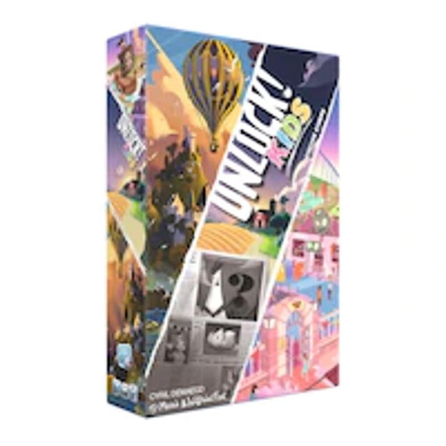 UNLOCK! - Enfants - Boîte de Jeu de Cartes pour Enfants en Anglais Montrant des Scènes Colorées de Fantaisie et de Ville avec une Montgolfière et un Château, Conçue pour les Enfants de 6 Ans et Plus par Space Cowboys, Comprenant des Casse-Têtes et des Aventures d'Énigmes Sans Application Ni Piles.