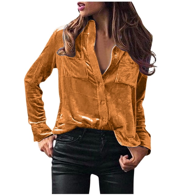 Plebaso Women's Velvet Long Sleeve Button down Shirts Fall Winter Tops Womens Dressy Blouses with Pockets
