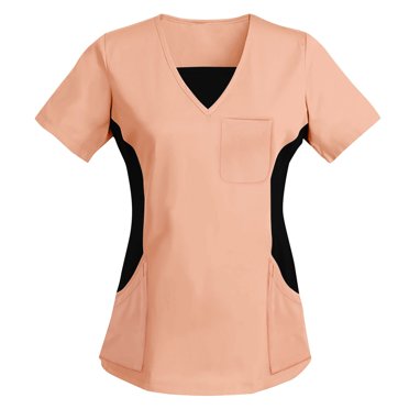 Bocqde Hauts d'Uniforme d'Infirmière Réguliers pour Femmes, Haut de Sarrau à Col en V, Décontracté, Uni, Patchwork, Manches Courtes, Sarrau Médical Extensible, Hauts de Travail avec Poches
