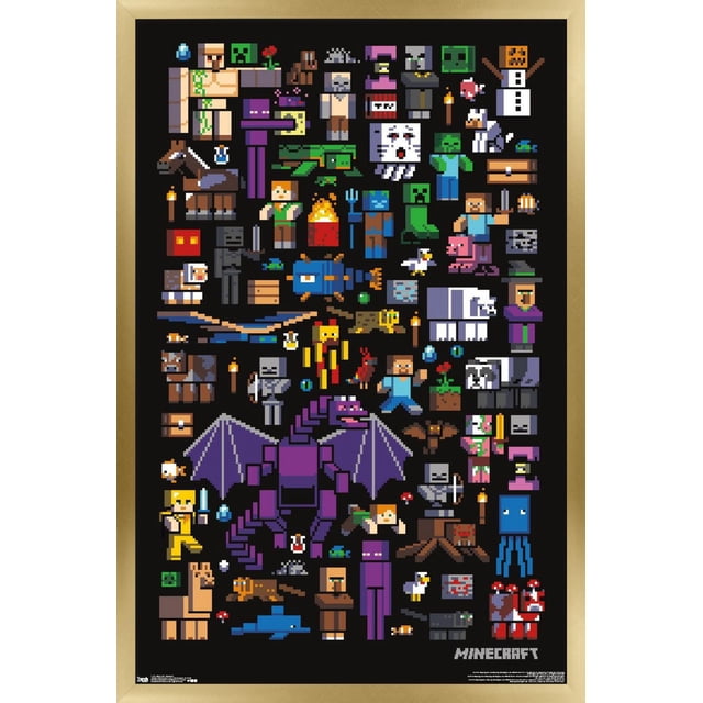 Minecraft - Affiche Murale Mobbery, 22,375 Po x 34 Po Présentant un art pixel de Foules Minecraft Incluant Ender Dragon, Creepers, Squelettes, Zombies et Villageois sur Fond Noir avec un Cadre Doré. Cette Impression d'Art Mural Brillante Rehausse la Déco de la Pièce et Est Légère pour une Suspension Facile, Convient aux Chambres, Bureaux Ou Dortoirs.