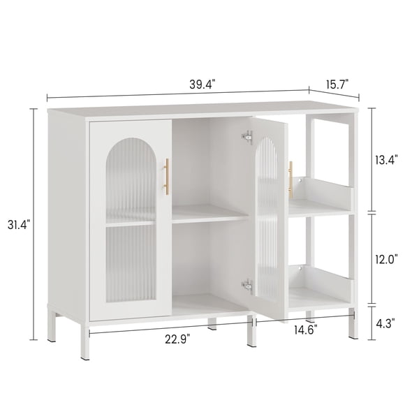 GloryStar Sideboard Buffet Cabinet, Modern Glass Arch Storage Cabinet with Adjustable Shelves, 39.4" Multi-Functional Organize Furniture for Bathroom, Entryway, Tempered Glass Doors& Gold Handles