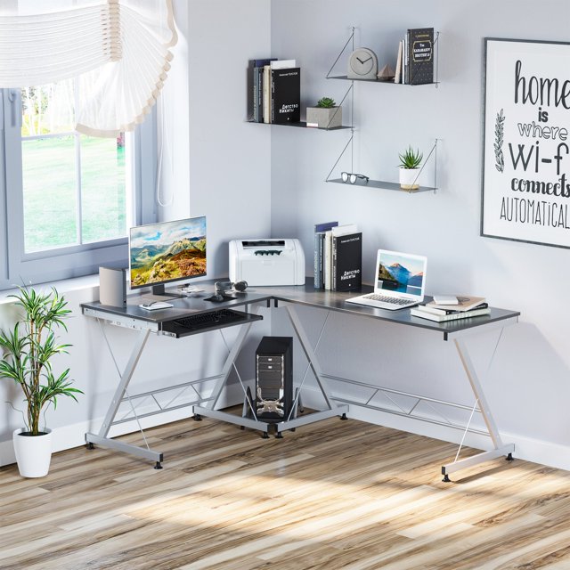 Modern L Shaped Desk, Corner Computer Desk Game Writing Workstation, Black & Silver