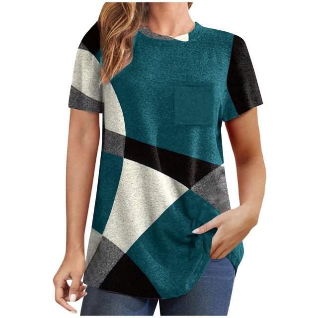 Diufon Hauts pour Femmes Grande Taille Printemps Été Manches Courtes Col Rond Chandails à Enfiler Chemises Décontractées Imprimées Blouses Amples