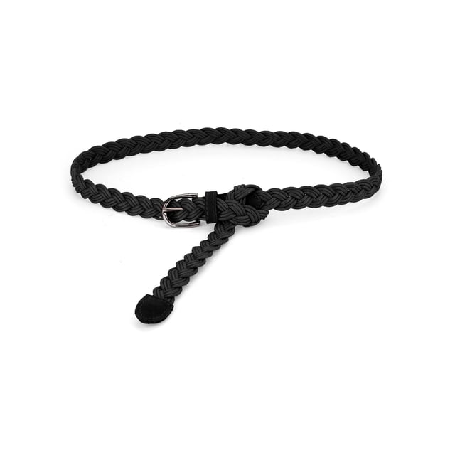 Unique Bargains Adjustable Thin Braided Waistband Rope Faux Leather Belt for Women. This black braided belt features a faux leather design with a slim 1.8 cm (3/4 inch) width and an adjustable length of 24-35.8 inches. The belt includes a silver-tone buckle and is suitable for various occasions such as daily wear, parties, and ceremonies.