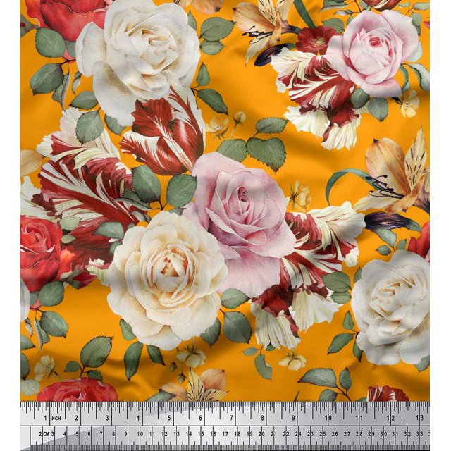 Soimoi Tissu en Poly Georgette Orange Imprimé Feuilles & Roses au Mètre 52 Pouces de Large
